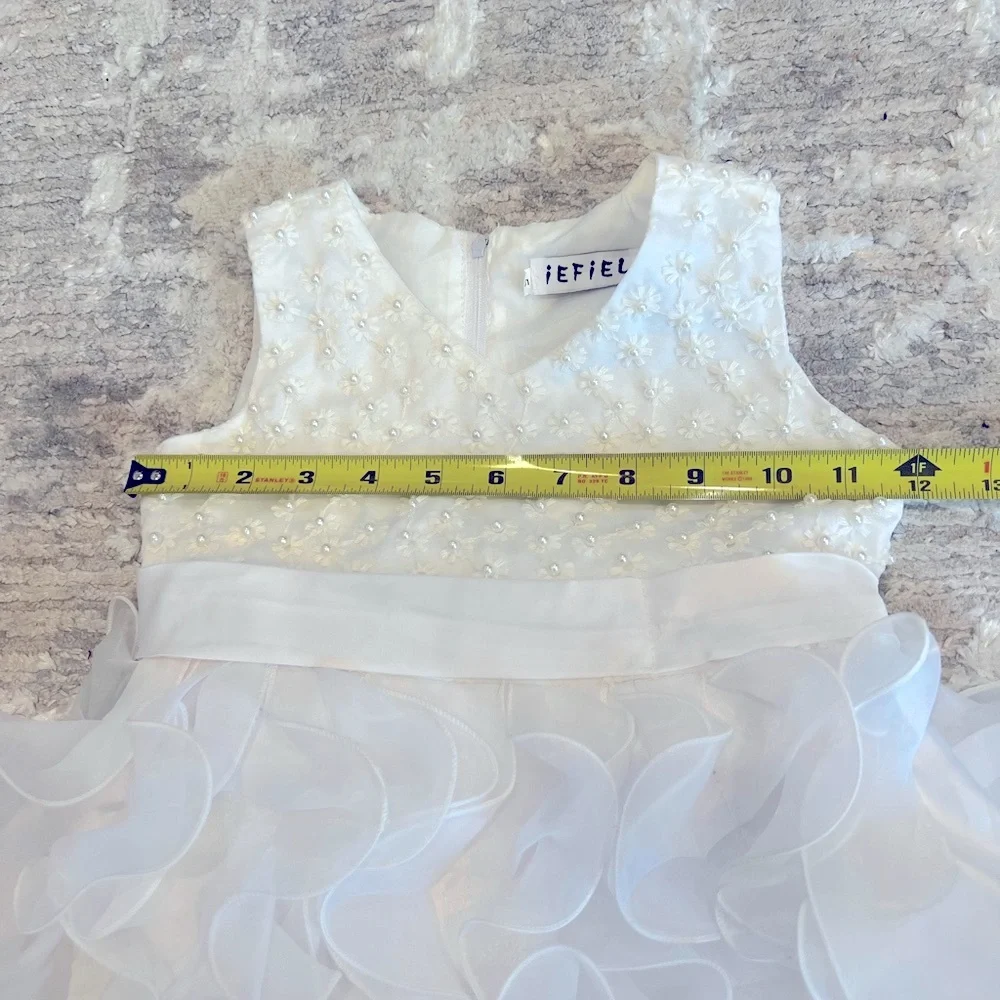 Elegant White Kids formal Recital Wedding Party Dress with Floral Details size:5